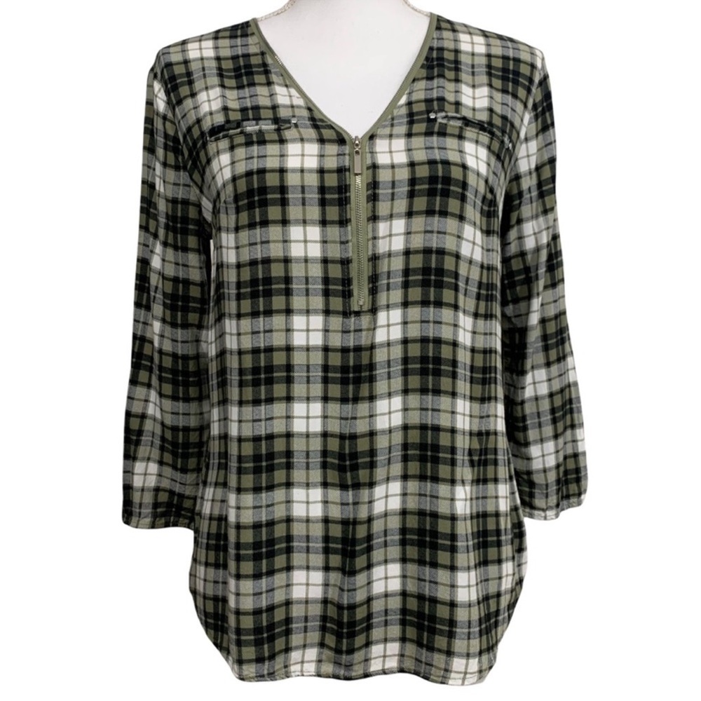 NEW LOOK / Olive Green, Black, White / Plaid Tunic Top / Small / Country Casual